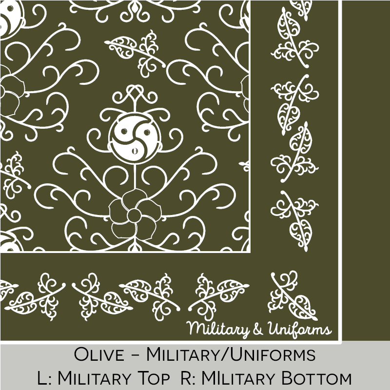 Close-up color swatch of the olive hanky code bandana with its meaning, 'military/uniforms', written below.