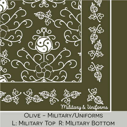 Close-up color swatch of the olive hanky code bandana with its meaning, 'military/uniforms', written below.