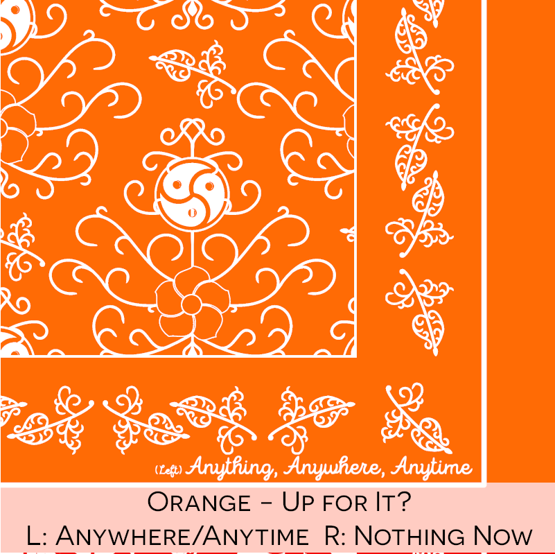 Close-up color swatch of the orange hanky code bandana with its meaning, 'anywhere, anytime/not right now', written below.
