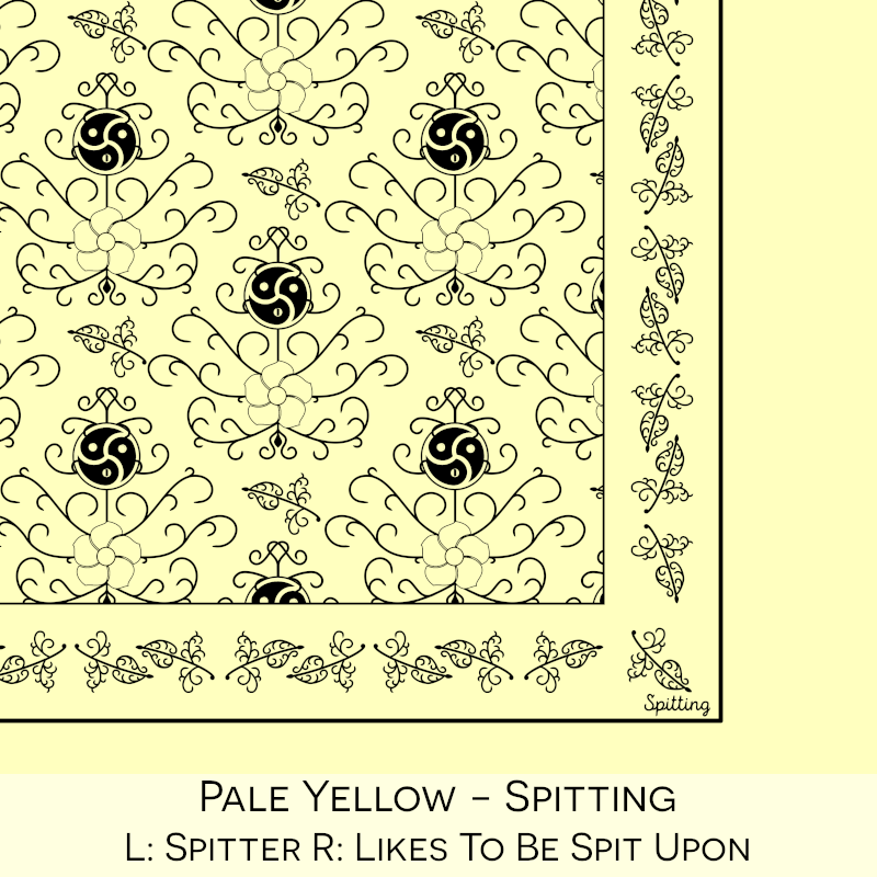 Close-up color swatch of the pale yellow hanky code bandana with its meaning, 'spitting', written below.