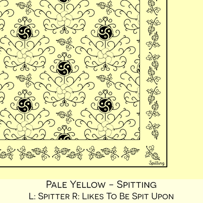 Close-up color swatch of the pale yellow hanky code bandana with its meaning, 'spitting', written below.