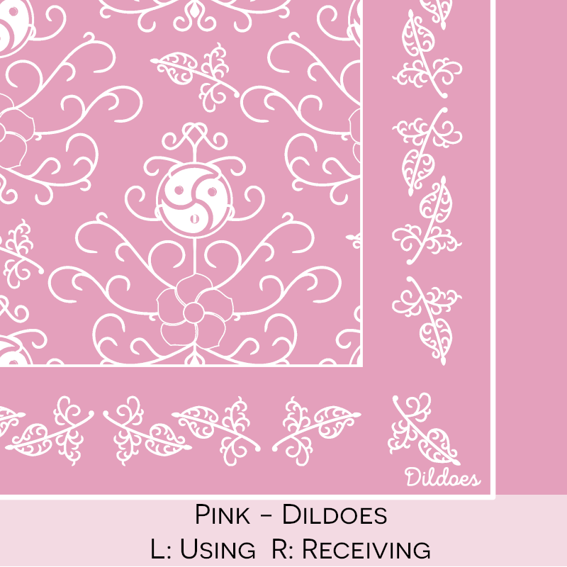 Close-up color swatch of the pink hanky code bandana with its meaning, 'dildoes', written below.