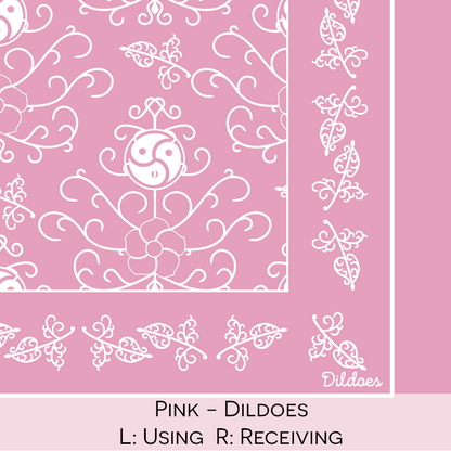 Close-up color swatch of the pink hanky code bandana with its meaning, 'dildoes', written below.