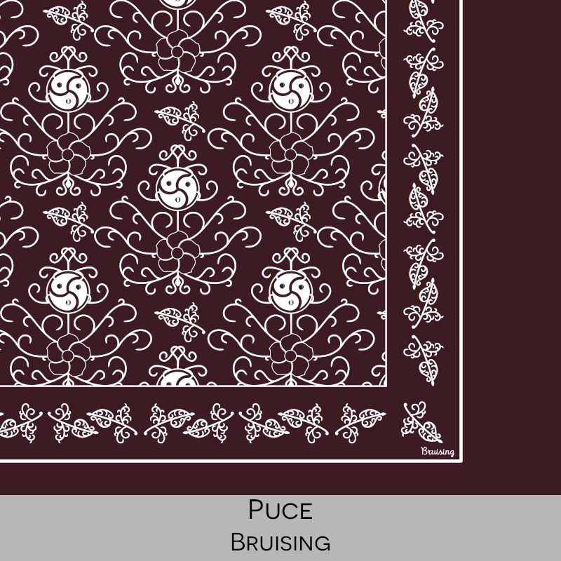 Close-up color swatch of the puce hanky code bandana with its meaning, 'bruising', written below.