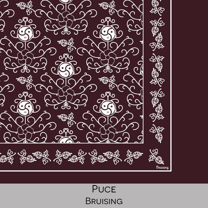 Close-up color swatch of the puce hanky code bandana with its meaning, 'bruising', written below.