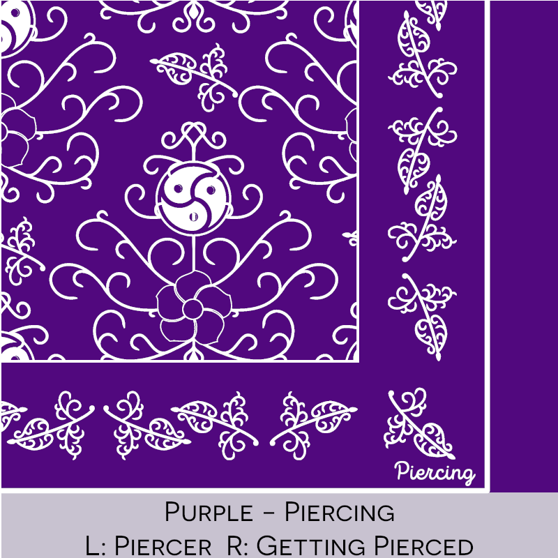 Close-up color swatch of the purple hanky code bandana with its meaning, 'piercing', written below.