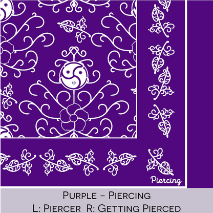 Close-up color swatch of the purple hanky code bandana with its meaning, 'piercing', written below.