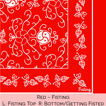 Close-up color swatch of the red hanky code bandana with its meaning, 'fisting', written below.