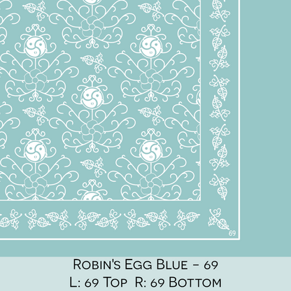 Close-up color swatch of the robin's egg blue hanky code bandana with its meaning, '69', written below.