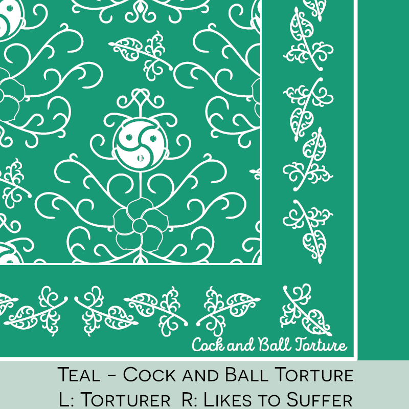 Close-up color swatch of the teal hanky code bandana with its meaning, 'cock and ball torture/CBT', written below.