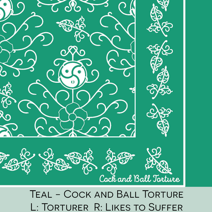 Close-up color swatch of the teal hanky code bandana with its meaning, 'cock and ball torture/CBT', written below.