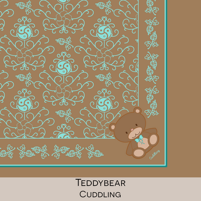 Close-up color swatch of the pastel brown and cyan teddy bear hanky code bandana with its meaning, 'cuddling', written below.