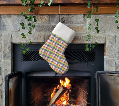 Rainbow and White Plaid Holiday Stocking