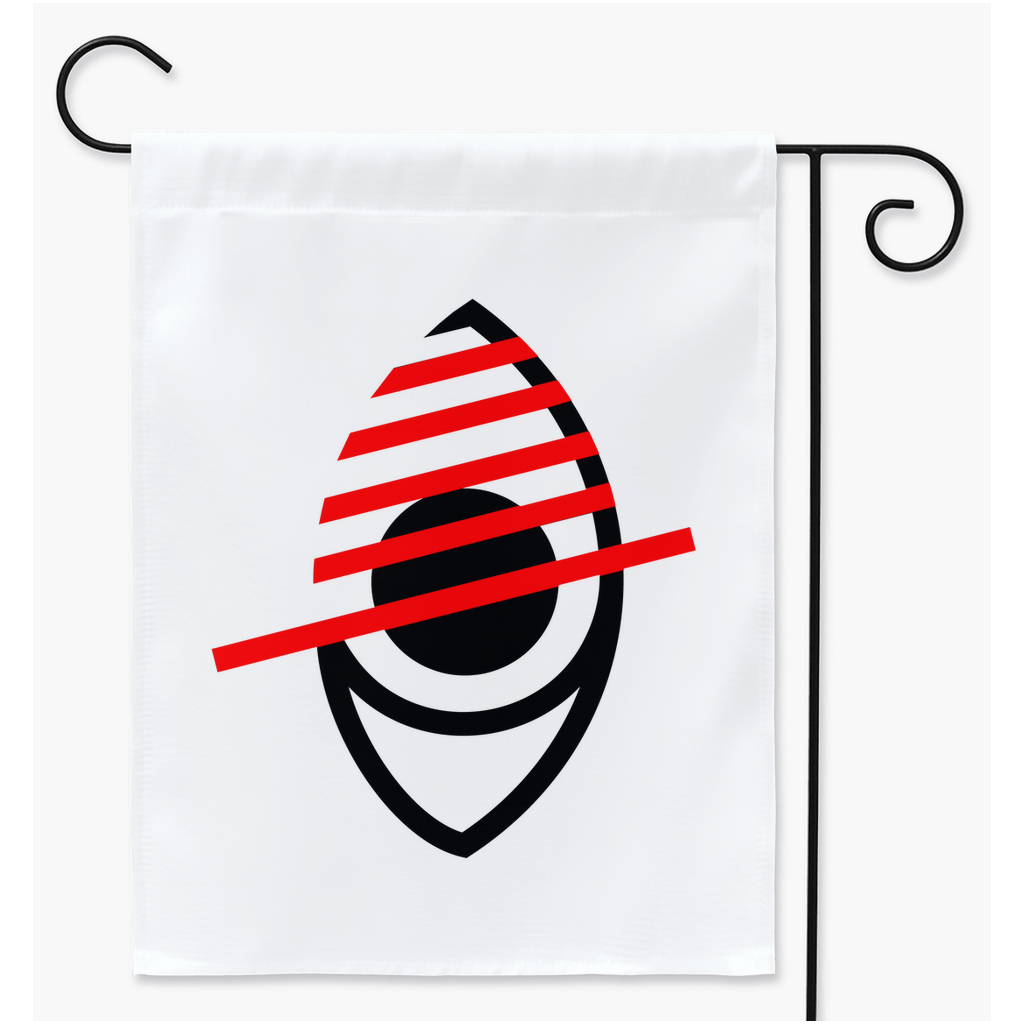 Mockup image of a rectangular garden flag on a black metal flag stand. The flag is white, with the symbol of a stylized eye drawn in black. It has red diagonal lines through half, and a longer diagonal as a slash mark though the centre.