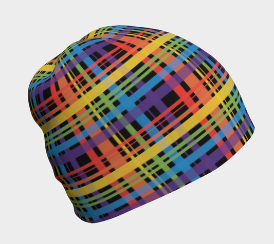 Muted Rainbow and Black Plaid Beanie