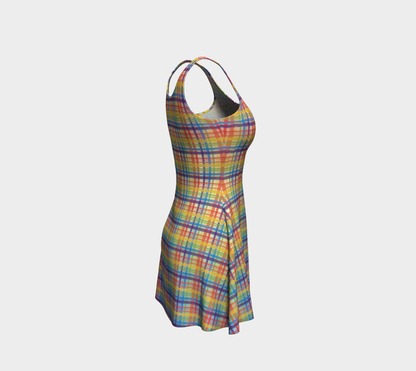 Muted Rainbow Plaid Gradient Flare Dress