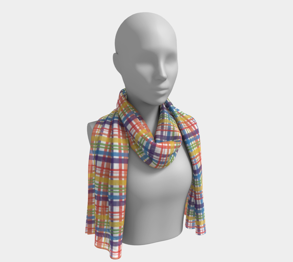 Muted Rainbow and White Plaid  Long Scarf