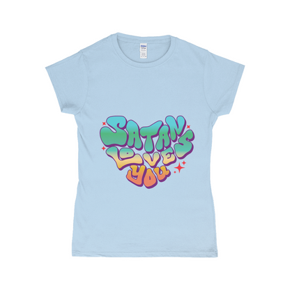 Groovy Satan Loves You design on a light blue fitted Gildan tshirt.