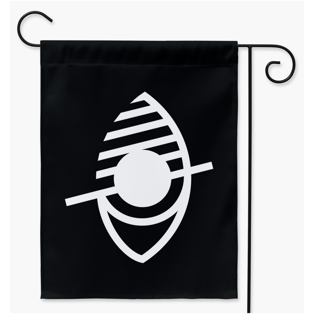 Mockup image of a rectangular garden flag on a black metal flag stand. The flag is black, with the symbol of a stylized eye drawn in white. There are white diagonal lines through half, and a longer diagonal as a slash mark though the centre.