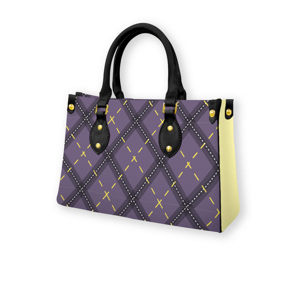 Nonbinary Dark Argyle Tote Bag with Black Handles and Zippered Pockets