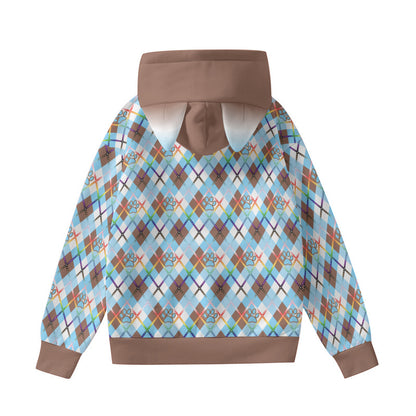 Furry Hoodie With  Ears - Argyle with Solid Accents