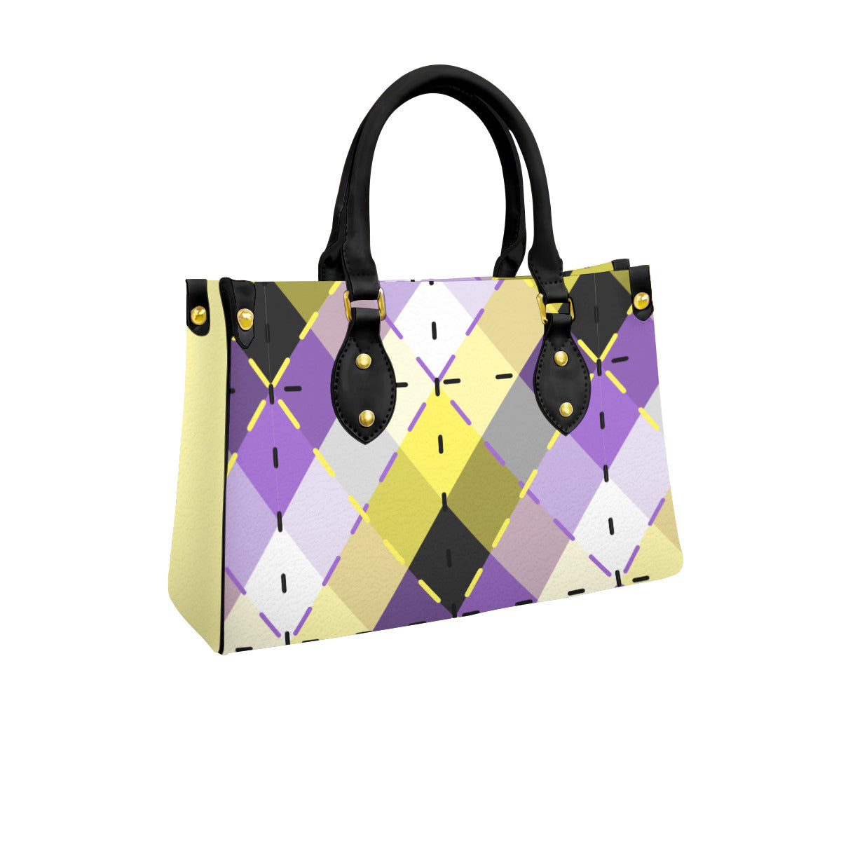 Nonbinary Bright Blended Argyle Tote Bag with Black Handles and Zippered Pockets