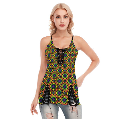 Circle Trellis Pattern V-neck Eyelet Lace-up Cami Top | Choose Your Colourway