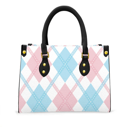 Transgender and White Solid Argyle Tote Bag with Black Handles and Zippered Pockets