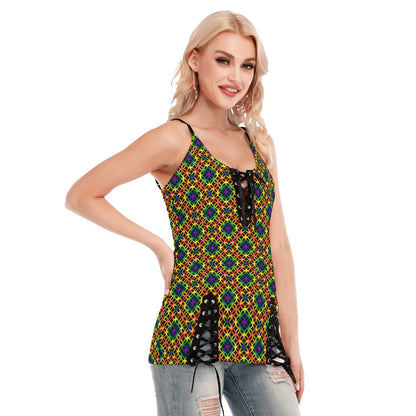 Circle Trellis Pattern V-neck Eyelet Lace-up Cami Top | Choose Your Colourway