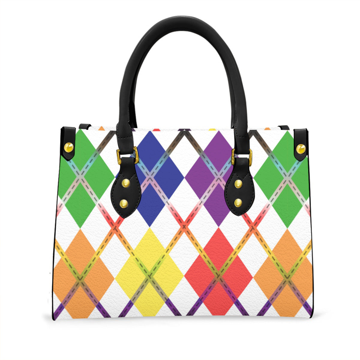 Rainbow and White Solid Argyle Tote Bag with Black Handles and Zippered Pockets