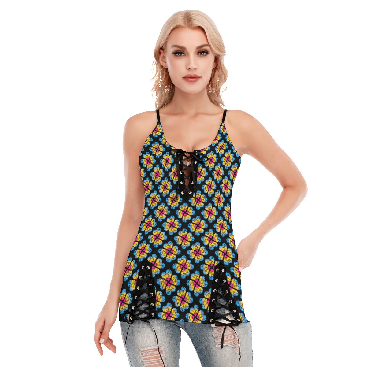 Heart Flowers V-neck Eyelet Lace-up Cami Top | Choose Your Colourway