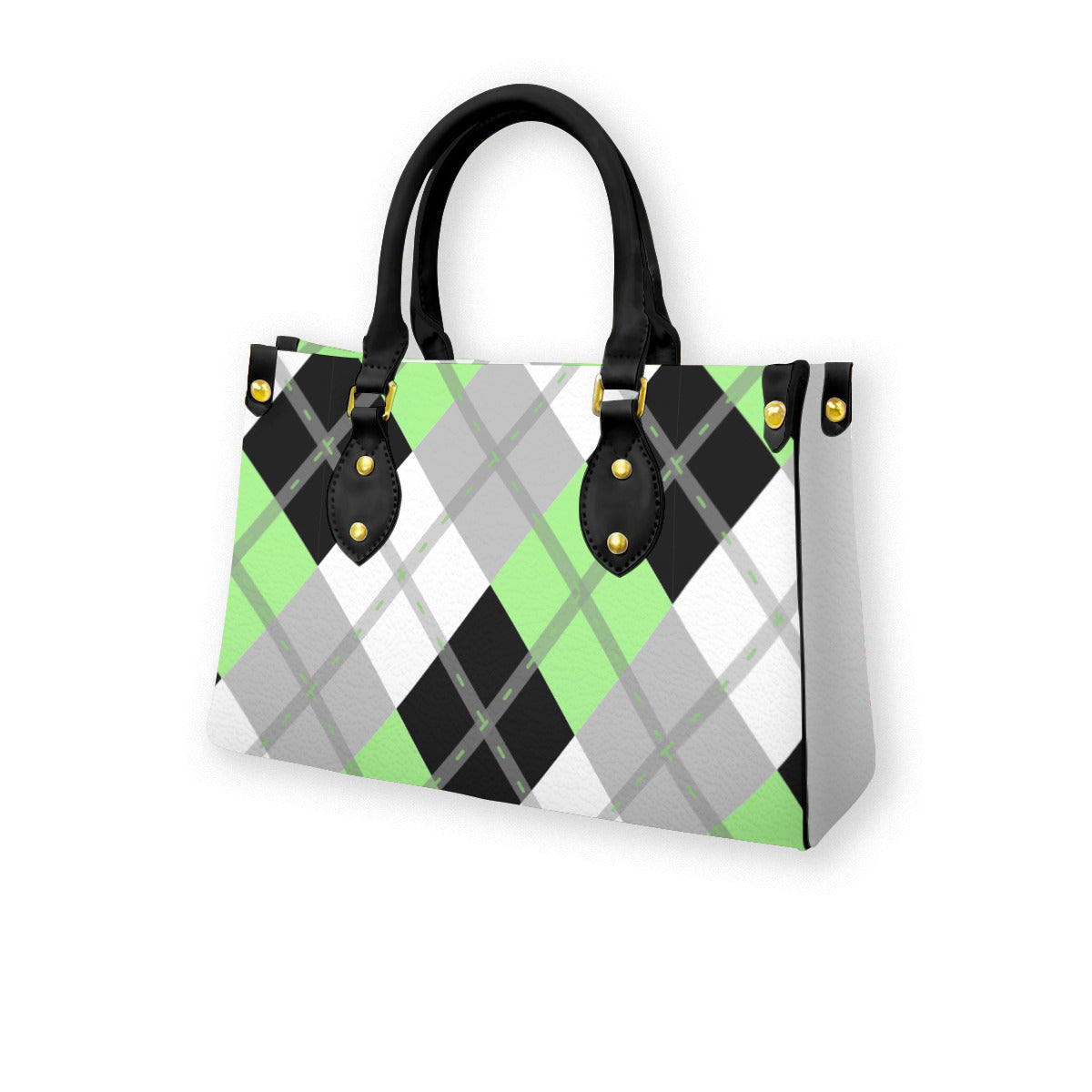 Agender Solid Argyle Tote Bag with Black Handles and Zippered Pockets