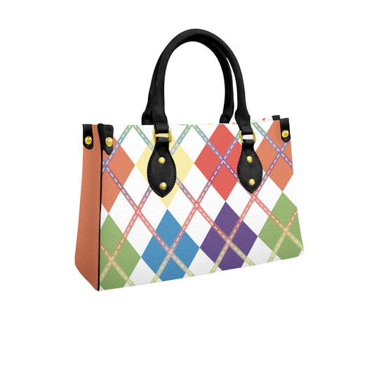 Muted Rainbow and White Solid Argyle Tote Bag with Black Handles and Zippered Pockets