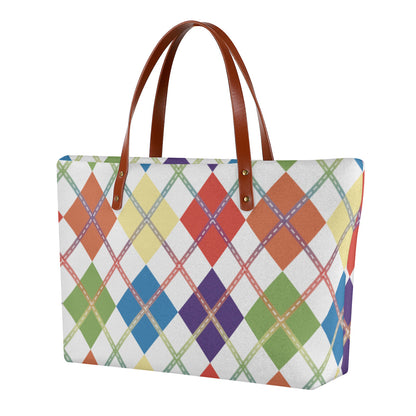 Muted Rainbow/White Solid Argyle Zippered Neoprene Tote Bag