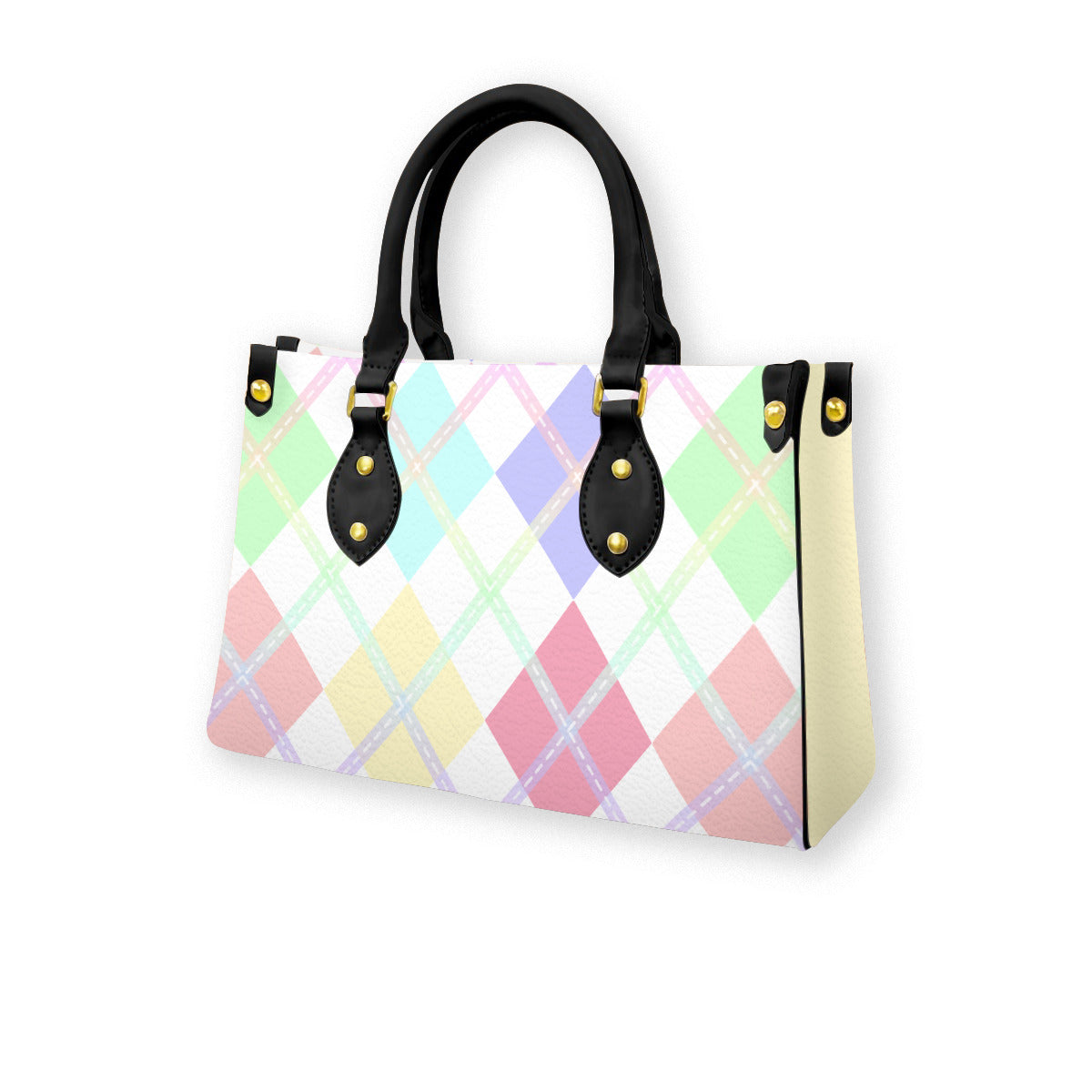 Pastel Rainbow and White Solid Argyle Tote Bag with Black Handles and Zippered Pockets