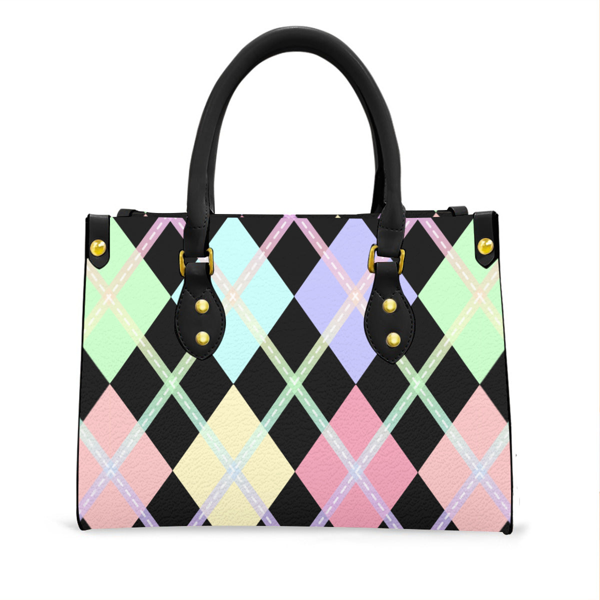 Pastel Rainbow and Black Solid Argyle Tote Bag with Black Handles and Zippered Pockets