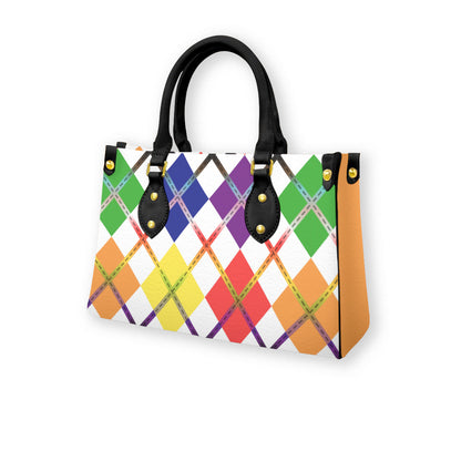 Rainbow and White Solid Argyle Tote Bag with Black Handles and Zippered Pockets