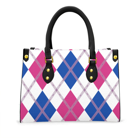 Bisexual and White Solid Argyle Tote Bag with Black Handles and Zippered Pockets