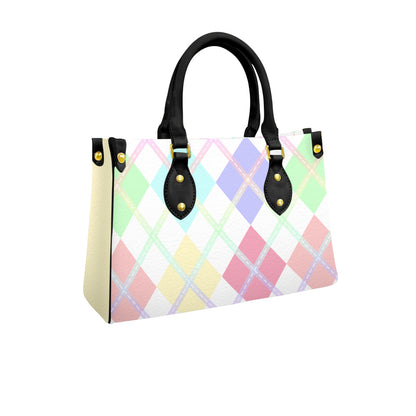 Pastel Rainbow and White Solid Argyle Tote Bag with Black Handles and Zippered Pockets