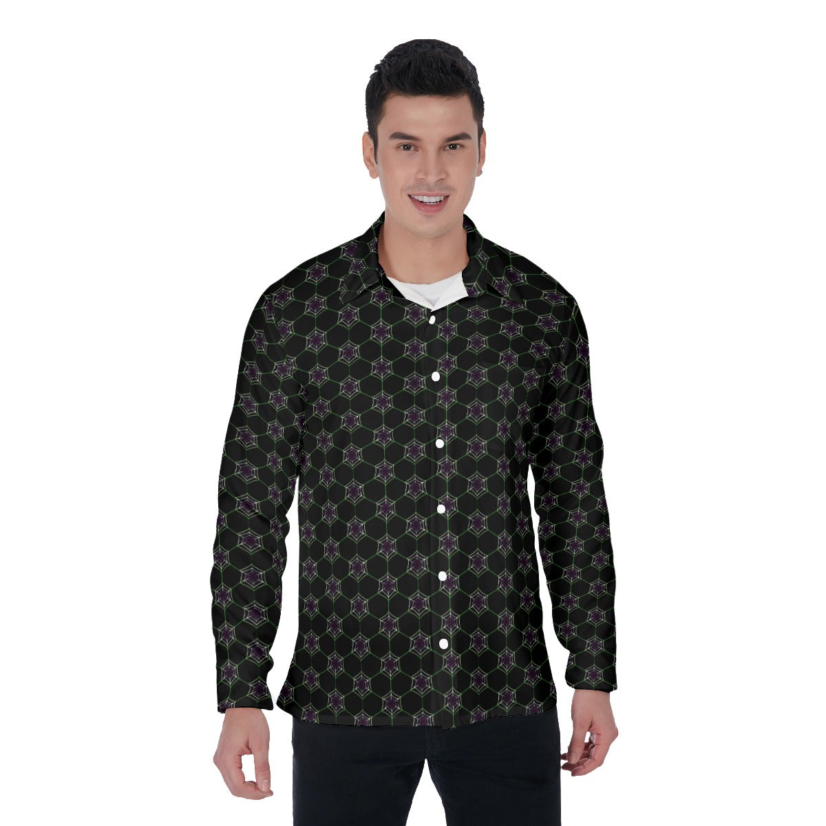 Geometric Spiderweb Pattern 4-Way Stretch Long Sleeve Shirt with Collar | Relaxed Fit | Choose Your Colourway