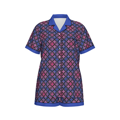 Circle Trellis Patterned All-Over Print Women's Imitation Silk Pajama Set With Short Sleeve