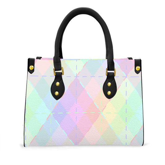 Pastel Rainbow Blended Argyle Tote Bag with Black Handles and Zippered Pockets