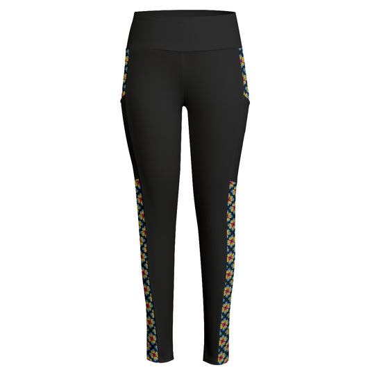 High Waist Leggings with Heart Flowers Pattern Accent and Side Pockets | Choose Your Colourway