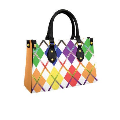 Rainbow and White Solid Argyle Tote Bag with Black Handles and Zippered Pockets