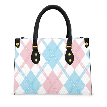 Transgender and White Solid Argyle Tote Bag with Black Handles and Zippered Pockets