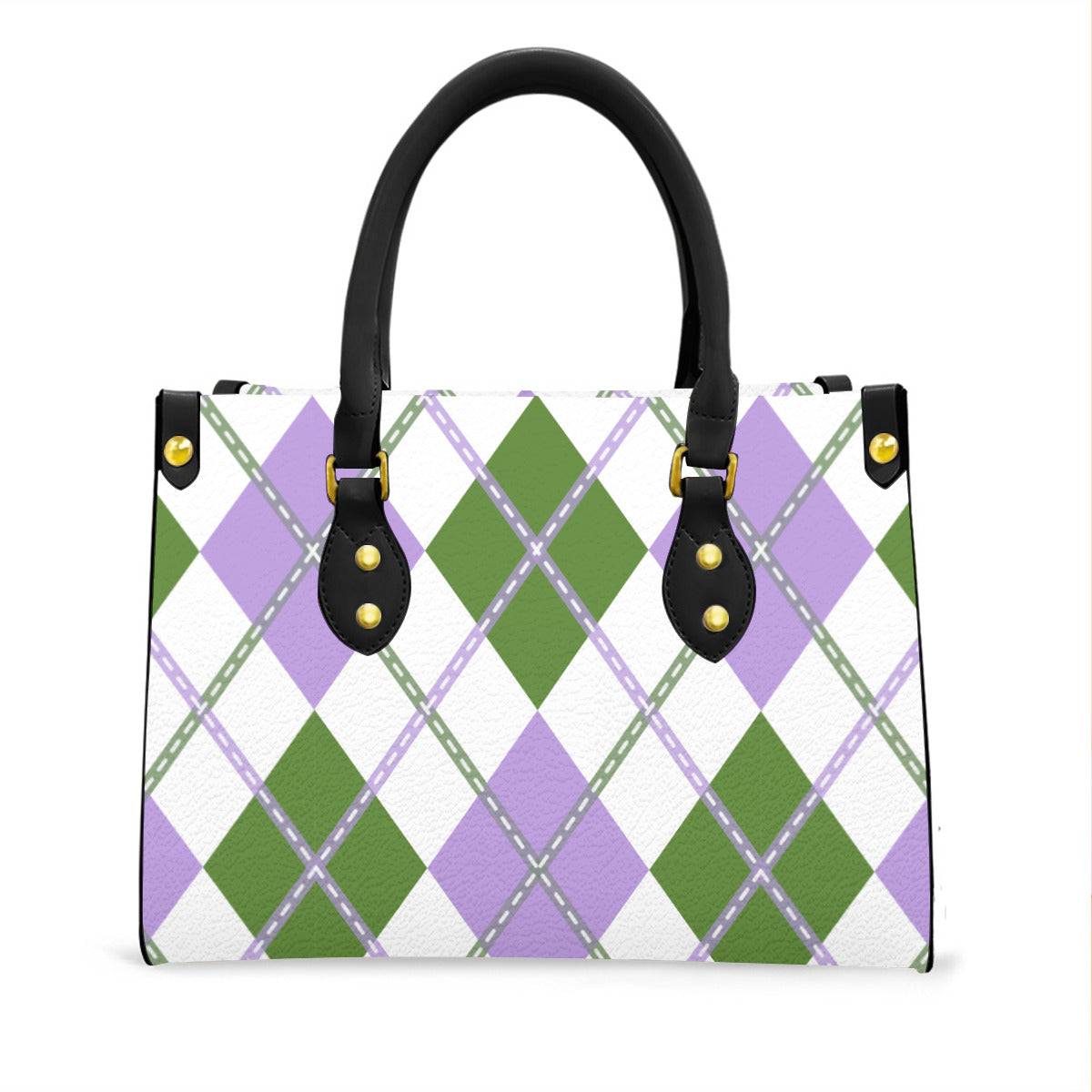 Genderqueer and White Solid Argyle Tote Bag with Black Handles and Zippered Pockets