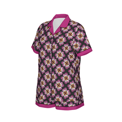 Heart Flower Patterned Faux Silk Pajama Set with Shorts | Choose Your Colourway