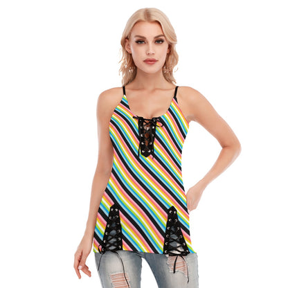 Striped V-Neck Eyelet Lace-up Cami Top | Choose Your Colourway