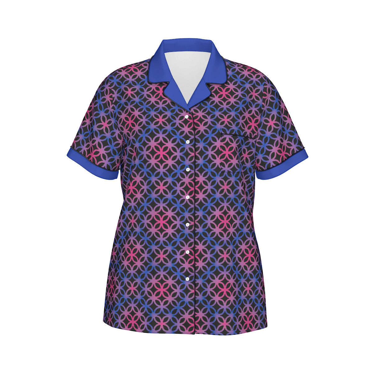 Circle Trellis Patterned All-Over Print Women's Imitation Silk Pajama Set With Short Sleeve