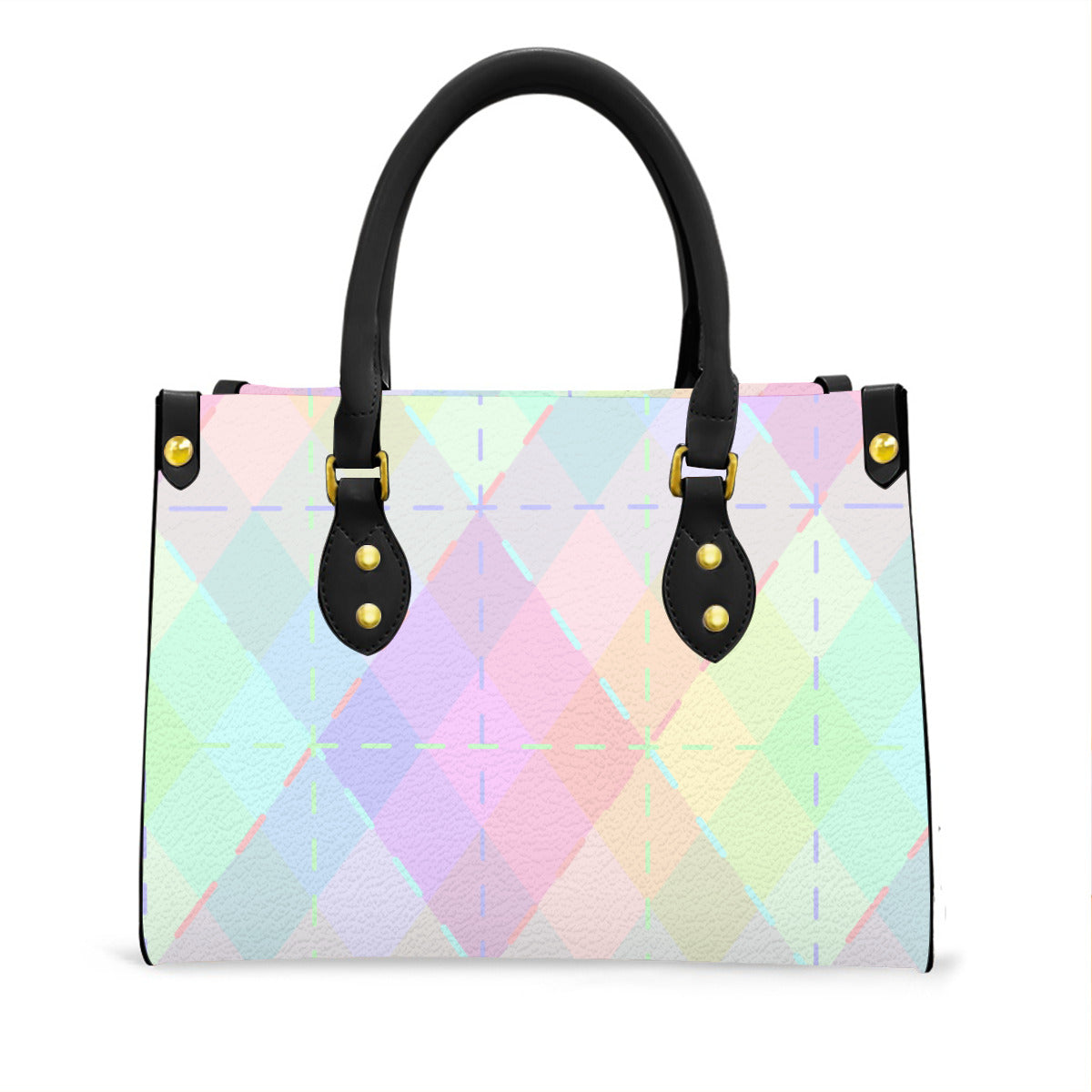 Pastel Rainbow Blended Argyle Tote Bag with Black Handles and Zippered Pockets